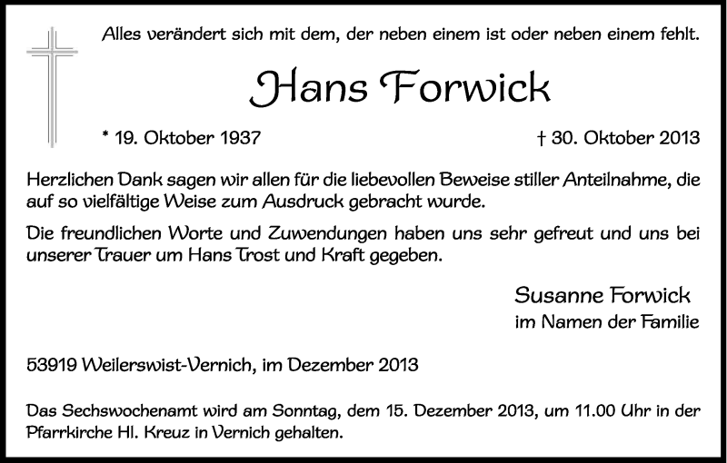  Traueranzeige für Hans Forwick vom 07.12.2013 aus Kölner Stadt-Anzeiger / Kölnische Rundschau / Express