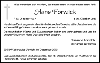 Anzeige von Hans Forwick von Kölner Stadt-Anzeiger / Kölnische Rundschau / Express