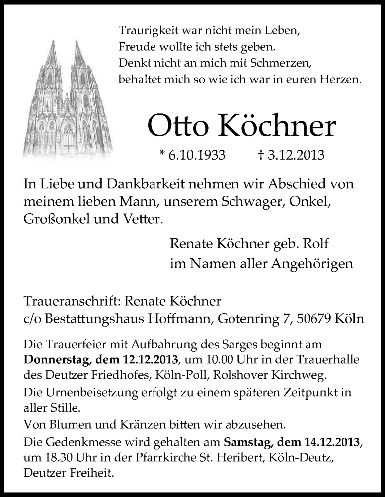  Traueranzeige für Otto Köchner vom 07.12.2013 aus Kölner Stadt-Anzeiger / Kölnische Rundschau / Express