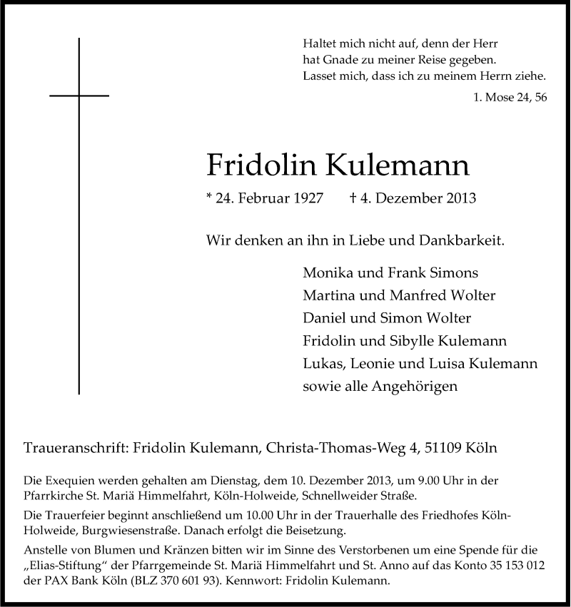  Traueranzeige für Fridolin Kulemann vom 07.12.2013 aus Kölner Stadt-Anzeiger / Kölnische Rundschau / Express