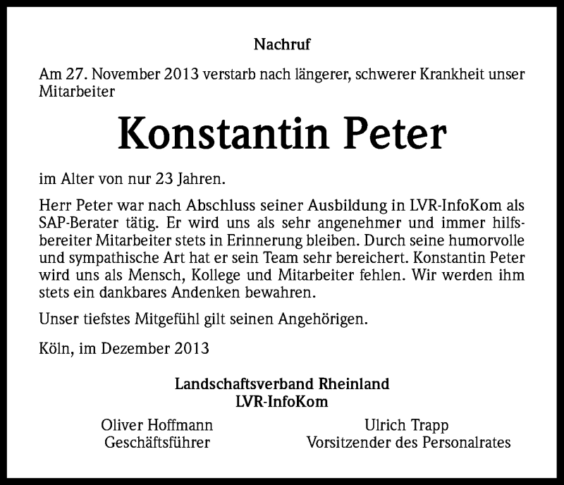  Traueranzeige für Konstantin Peter vom 07.12.2013 aus Kölner Stadt-Anzeiger / Kölnische Rundschau / Express