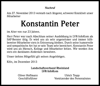 Anzeige von Konstantin Peter von Kölner Stadt-Anzeiger / Kölnische Rundschau / Express