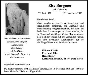 Anzeige von Else Burgmer von Kölner Stadt-Anzeiger / Kölnische Rundschau / Express
