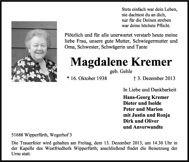  Traueranzeige für Hans-Georg + Magdalene Kremer vom 07.12.2013 aus Kölner Stadt-Anzeiger / Kölnische Rundschau / Express