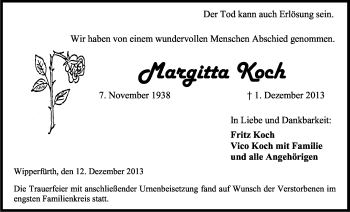 Anzeige von Margitta Koch von Kölner Stadt-Anzeiger / Kölnische Rundschau / Express