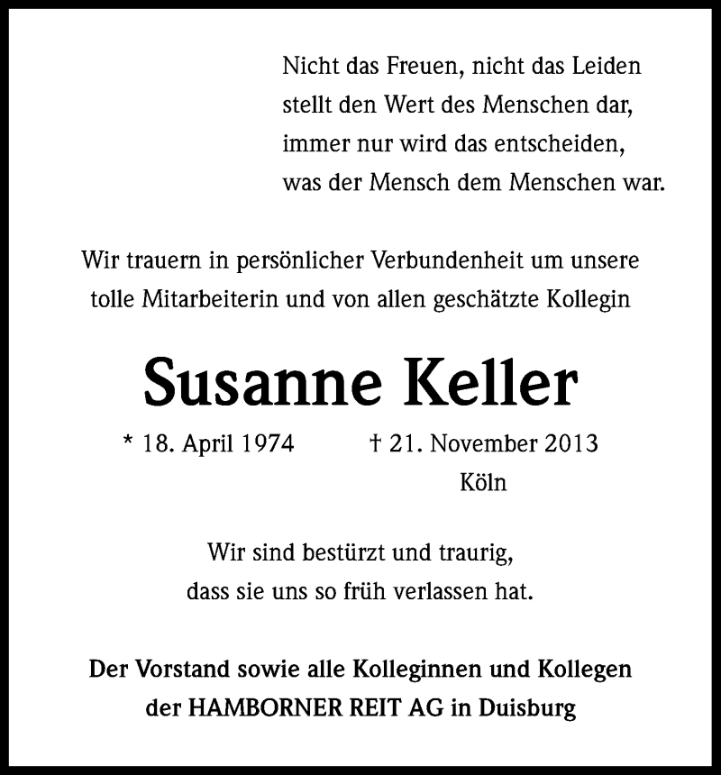  Traueranzeige für Susanne Keller vom 06.12.2013 aus Kölner Stadt-Anzeiger / Kölnische Rundschau / Express