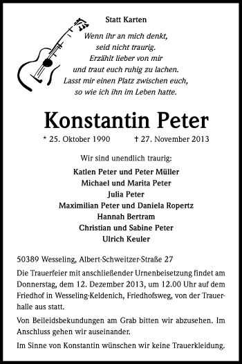 Anzeige von Konstantin Peter von Kölner Stadt-Anzeiger / Kölnische Rundschau / Express