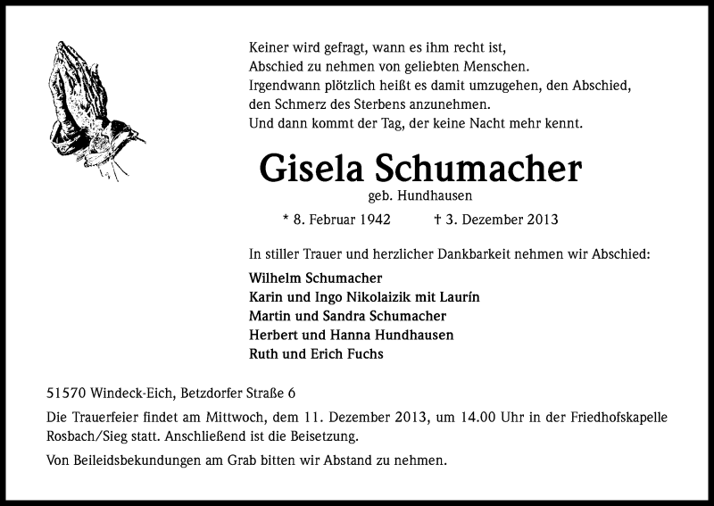  Traueranzeige für Gisela Schumacher vom 07.12.2013 aus Kölner Stadt-Anzeiger / Kölnische Rundschau / Express