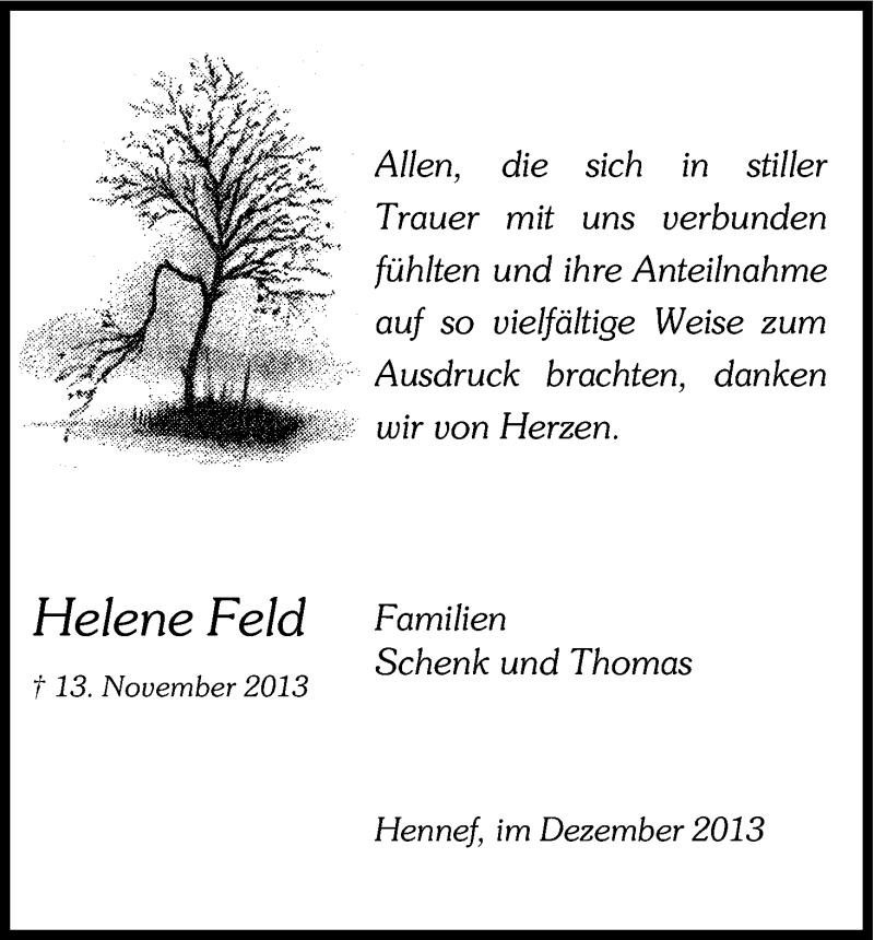  Traueranzeige für Helene Feld vom 07.12.2013 aus Kölner Stadt-Anzeiger / Kölnische Rundschau / Express