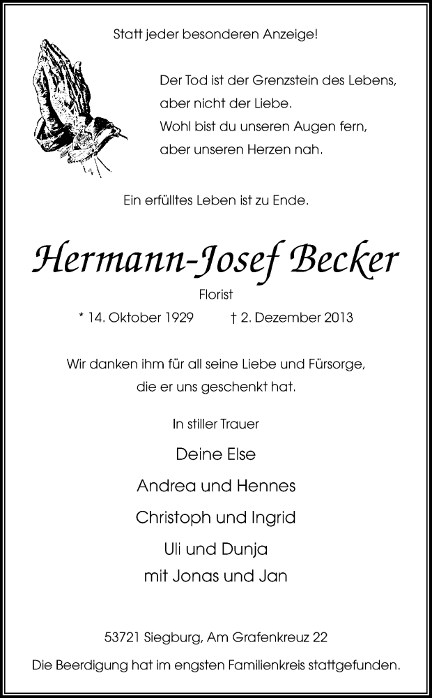  Traueranzeige für Hermann-Josef Becker vom 11.12.2013 aus Kölner Stadt-Anzeiger / Kölnische Rundschau / Express
