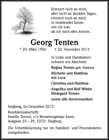 Anzeige von Georg Tenten von Kölner Stadt-Anzeiger / Kölnische Rundschau / Express