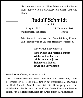 Anzeige von Rudolf Schmidt von Kölner Stadt-Anzeiger / Kölnische Rundschau / Express