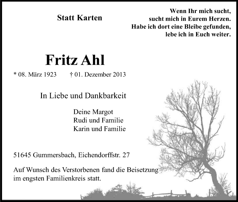  Traueranzeige für Fritz Ahl vom 11.12.2013 aus Kölner Stadt-Anzeiger / Kölnische Rundschau / Express