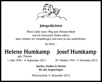 Anzeige von Josef Humkamp von Kölner Stadt-Anzeiger / Kölnische Rundschau / Express