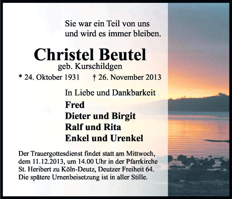  Traueranzeige für Christel Beutel vom 07.12.2013 aus Kölner Stadt-Anzeiger / Kölnische Rundschau / Express