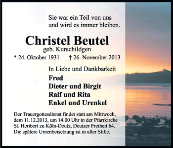 Anzeige von Christel Beutel von Kölner Stadt-Anzeiger / Kölnische Rundschau / Express