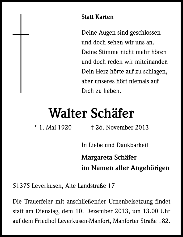  Traueranzeige für Walter Schäfer vom 07.12.2013 aus Kölner Stadt-Anzeiger / Kölnische Rundschau / Express