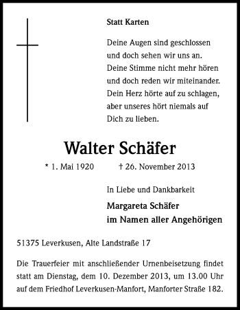 Anzeige von Walter Schäfer von Kölner Stadt-Anzeiger / Kölnische Rundschau / Express