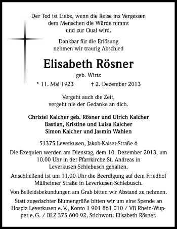Anzeige von Elisabeth Rösner von Kölner Stadt-Anzeiger / Kölnische Rundschau / Express