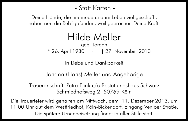  Traueranzeige für Hilde Meller vom 07.12.2013 aus Kölner Stadt-Anzeiger / Kölnische Rundschau / Express