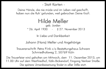 Anzeige von Hilde Meller von Kölner Stadt-Anzeiger / Kölnische Rundschau / Express