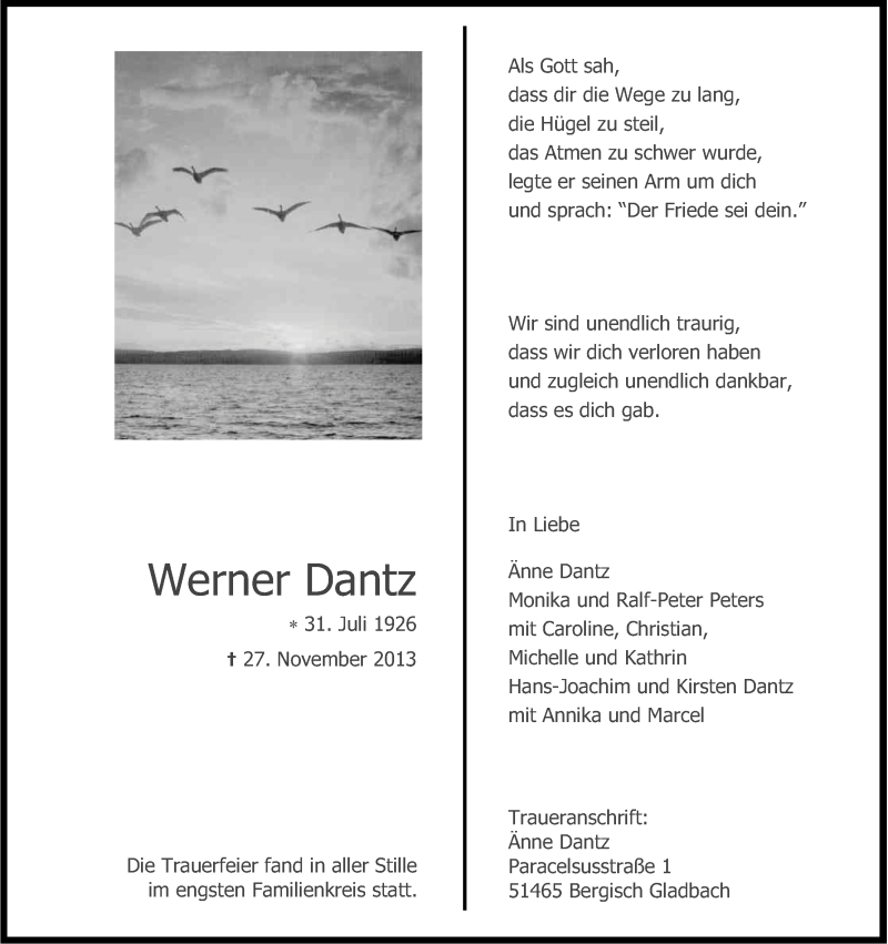  Traueranzeige für Werner Dantz vom 07.12.2013 aus Kölner Stadt-Anzeiger / Kölnische Rundschau / Express
