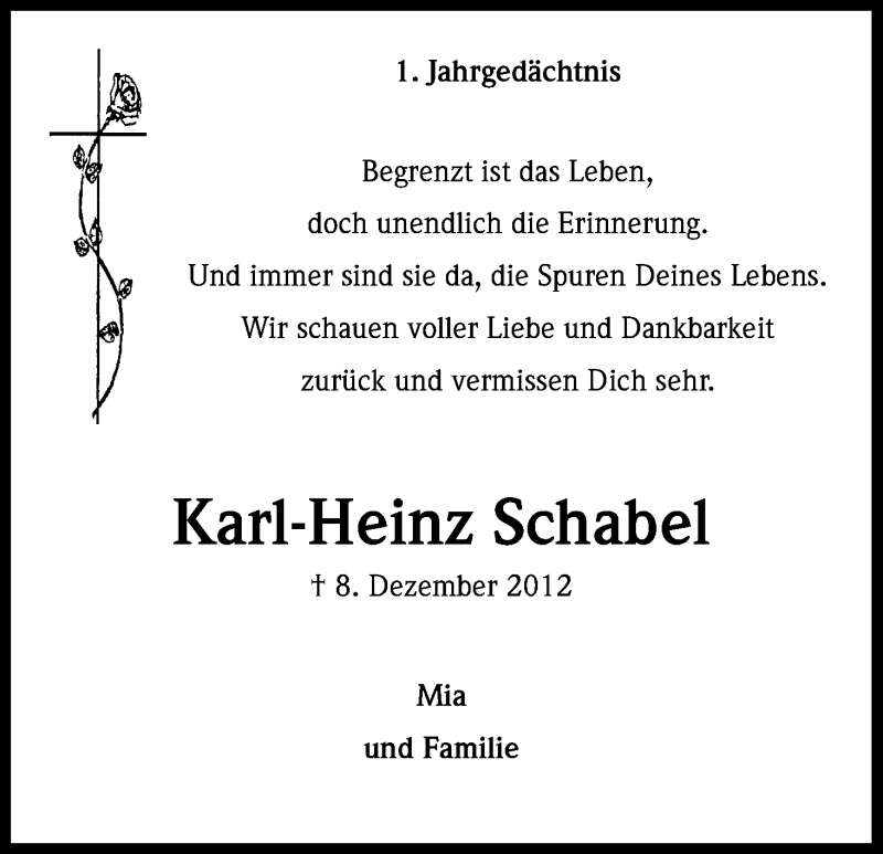  Traueranzeige für Karl-Heinz Schabel vom 07.12.2013 aus Kölner Stadt-Anzeiger / Kölnische Rundschau / Express