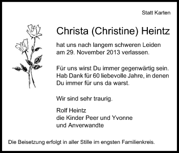 Anzeige von Christa Heintz von Kölner Stadt-Anzeiger / Kölnische Rundschau / Express