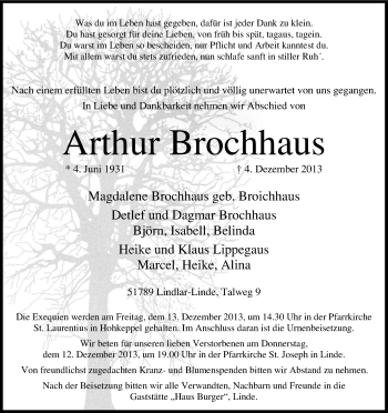 Anzeige von Arthur Brochhaus von Kölner Stadt-Anzeiger / Kölnische Rundschau / Express
