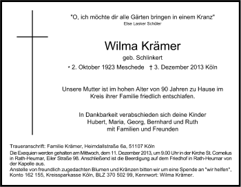Anzeige von Wilma Krämer von Kölner Stadt-Anzeiger / Kölnische Rundschau / Express