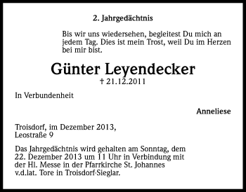 Anzeige von Günter Leyendecker von Kölner Stadt-Anzeiger / Kölnische Rundschau / Express