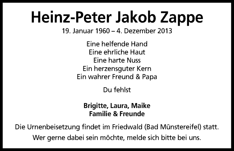  Traueranzeige für Heinz-Peter Zappe vom 07.12.2013 aus Kölner Stadt-Anzeiger / Kölnische Rundschau / Express