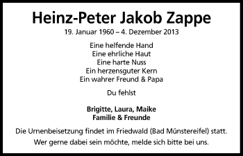 Anzeige von Heinz-Peter Zappe von Kölner Stadt-Anzeiger / Kölnische Rundschau / Express