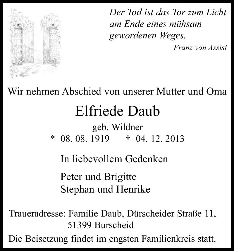  Traueranzeige für Elfriede Daub vom 07.12.2013 aus Kölner Stadt-Anzeiger / Kölnische Rundschau / Express