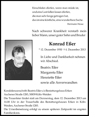 Anzeige von Konrad Esser von Kölner Stadt-Anzeiger / Kölnische Rundschau / Express