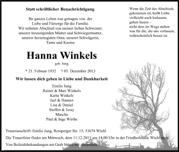 Anzeige von Hanna Winkels von Kölner Stadt-Anzeiger / Kölnische Rundschau / Express