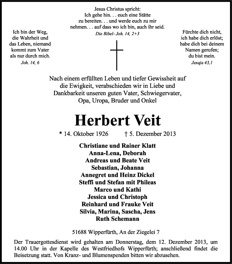 Traueranzeige für Herbert Veit vom 07.12.2013 aus Kölner Stadt-Anzeiger / Kölnische Rundschau / Express