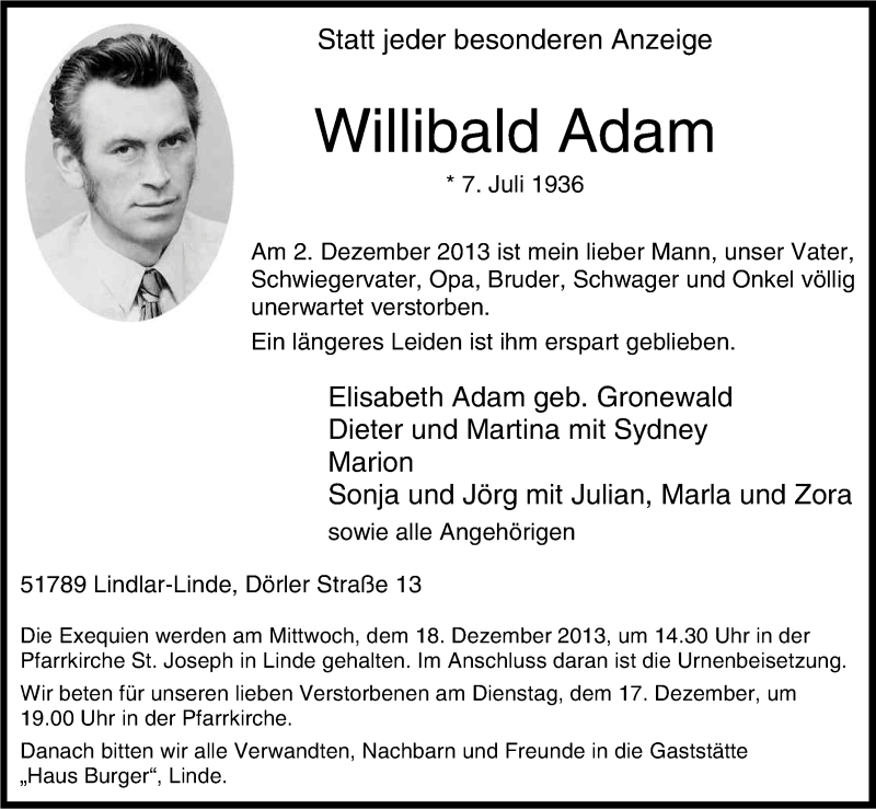  Traueranzeige für Willibald Adam vom 07.12.2013 aus Kölner Stadt-Anzeiger / Kölnische Rundschau / Express