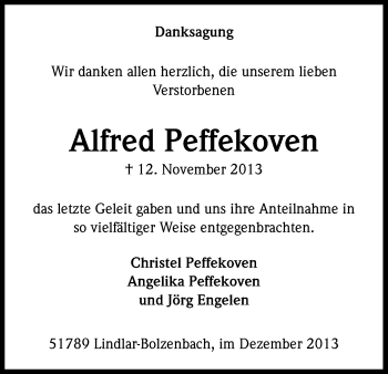 Anzeige von Alfred Peffekoven von Kölner Stadt-Anzeiger / Kölnische Rundschau / Express