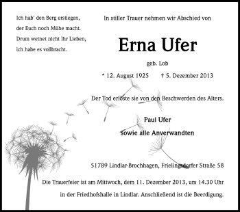 Anzeige von Erna Ufer von Kölner Stadt-Anzeiger / Kölnische Rundschau / Express