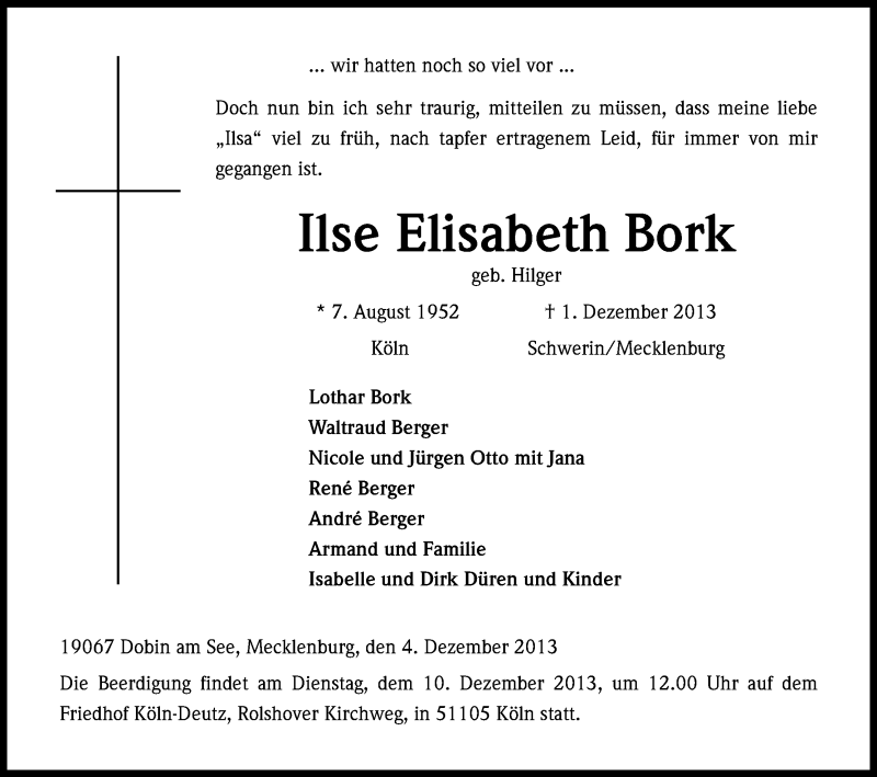  Traueranzeige für Ilse Elisabeth Bork vom 07.12.2013 aus Kölner Stadt-Anzeiger / Kölnische Rundschau / Express