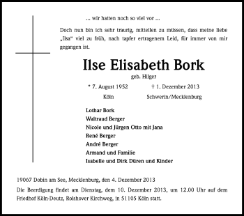 Anzeige von Ilse Elisabeth Bork von Kölner Stadt-Anzeiger / Kölnische Rundschau / Express