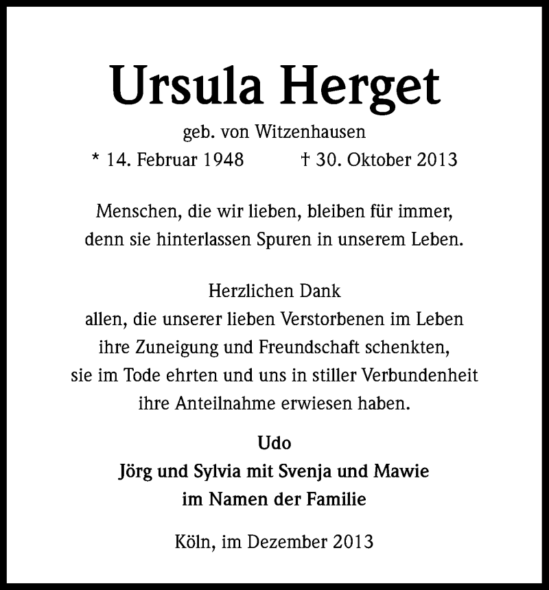  Traueranzeige für Ursula Herget vom 07.12.2013 aus Kölner Stadt-Anzeiger / Kölnische Rundschau / Express