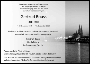 Anzeige von Gertrud Bouss von Kölner Stadt-Anzeiger / Kölnische Rundschau / Express