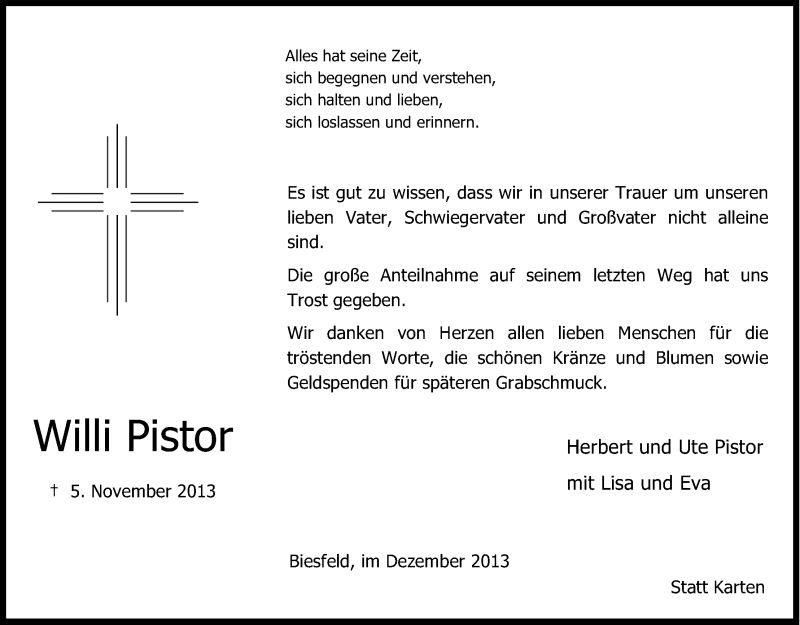  Traueranzeige für Willi Pistor vom 21.12.2013 aus Kölner Stadt-Anzeiger / Kölnische Rundschau / Express