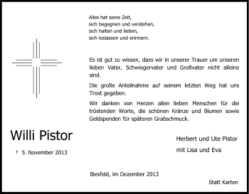 Anzeige von Willi Pistor von Kölner Stadt-Anzeiger / Kölnische Rundschau / Express