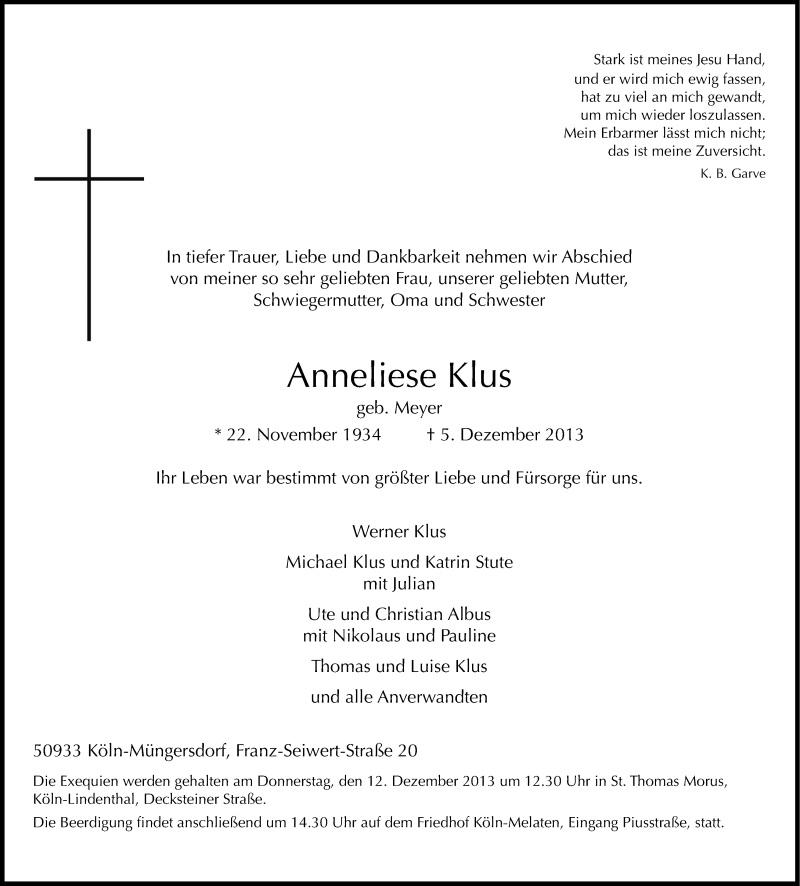  Traueranzeige für Anneliese Klus vom 07.12.2013 aus Kölner Stadt-Anzeiger / Kölnische Rundschau / Express