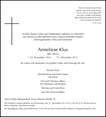 Anzeige von Anneliese Klus von Kölner Stadt-Anzeiger / Kölnische Rundschau / Express