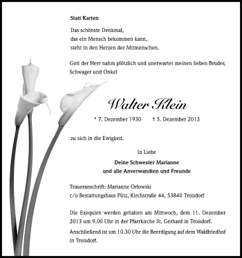 Anzeige von Walter Klein von Kölner Stadt-Anzeiger / Kölnische Rundschau / Express