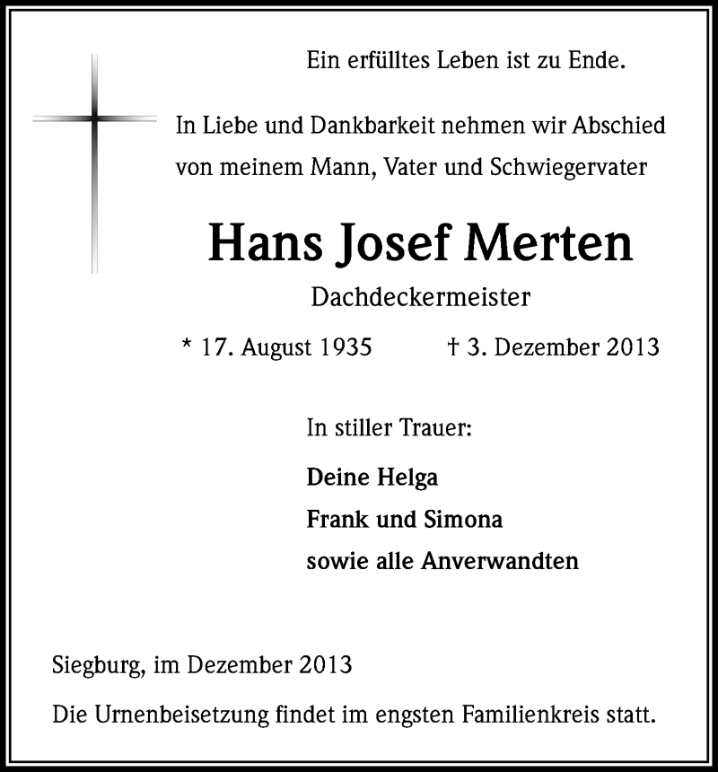  Traueranzeige für Hans Josef Merten vom 07.12.2013 aus Kölner Stadt-Anzeiger / Kölnische Rundschau / Express
